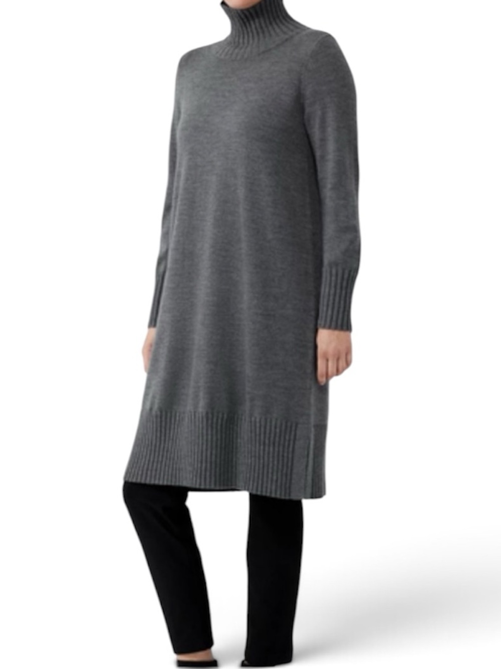 Eileen Fisher 100% Extra Fine Marino Wool Gray Ribbed Knit Sweater Size Large